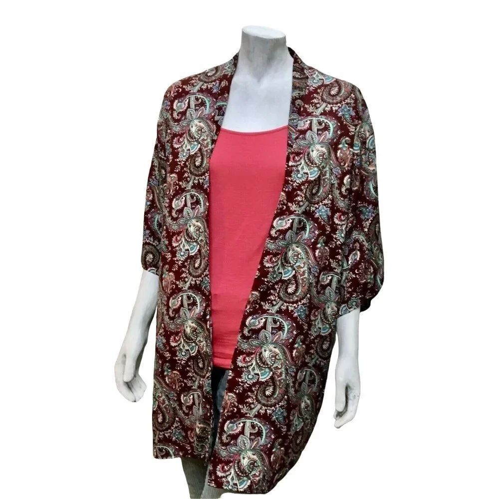 Sans Souci WomensโTop Maroon Blue Paisley Short Sleeve Open Duster M New